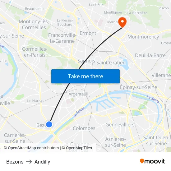 Bezons to Andilly map