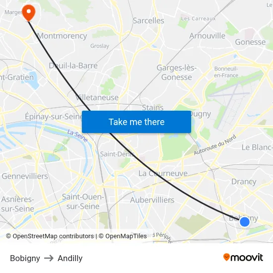 Bobigny to Andilly map