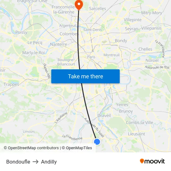 Bondoufle to Andilly map