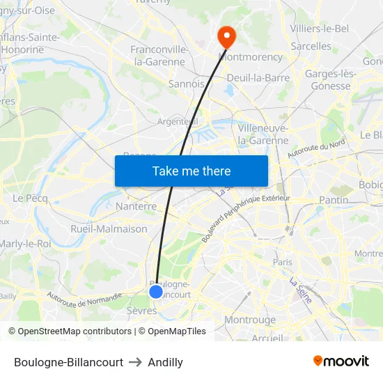 Boulogne-Billancourt to Andilly map