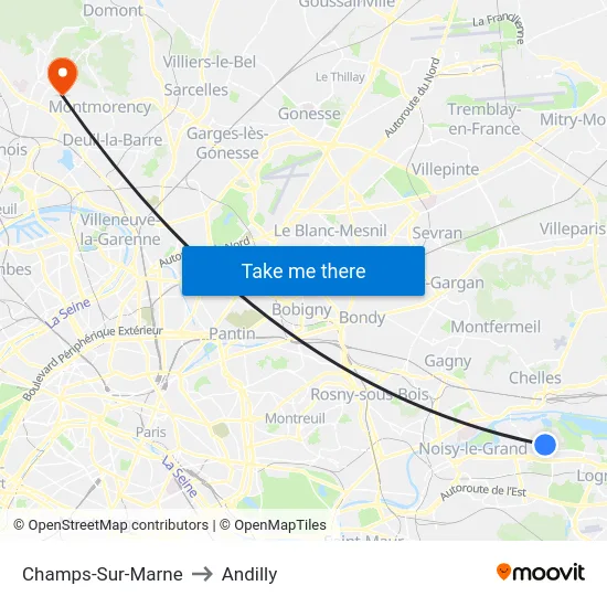 Champs-Sur-Marne to Andilly map