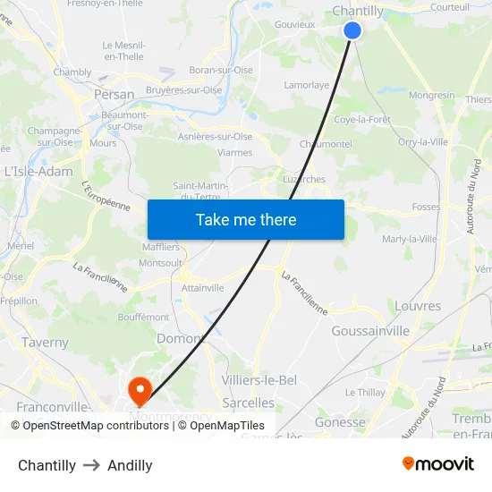 Chantilly to Andilly map
