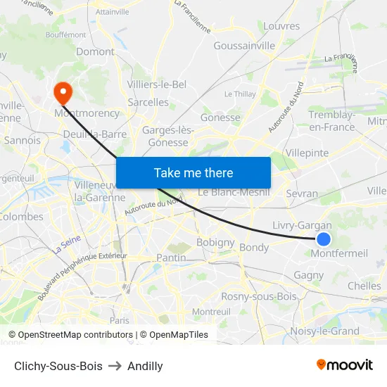 Clichy-Sous-Bois to Andilly map