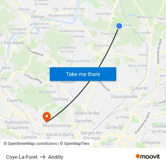 Coye-La-Foret to Andilly map