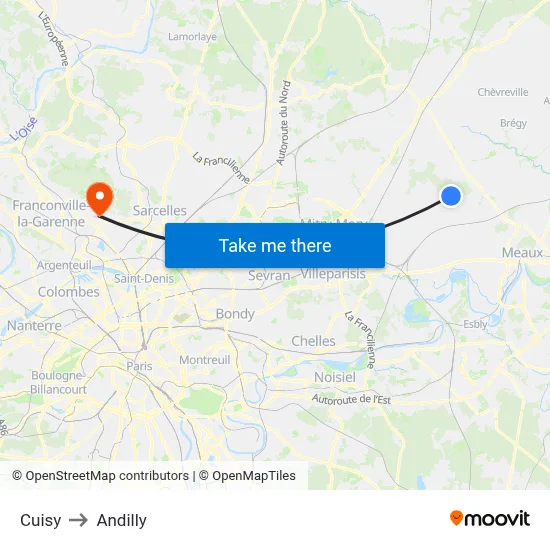 Cuisy to Andilly map