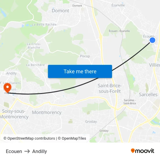Ecouen to Andilly map
