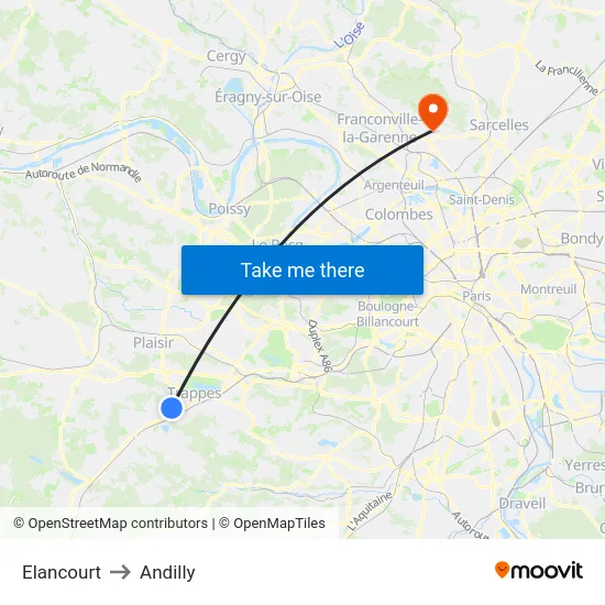 Elancourt to Andilly map