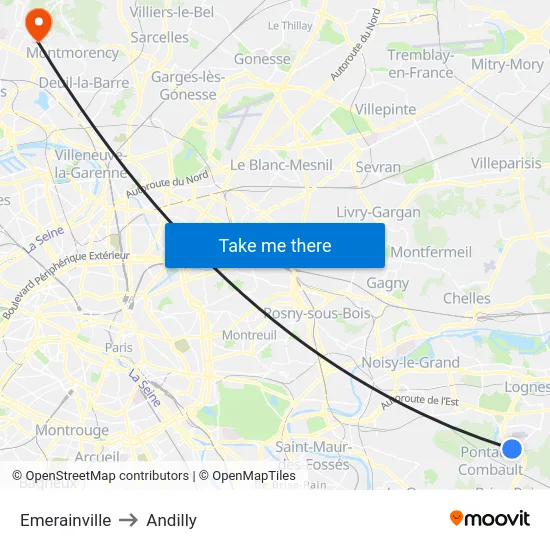 Emerainville to Andilly map