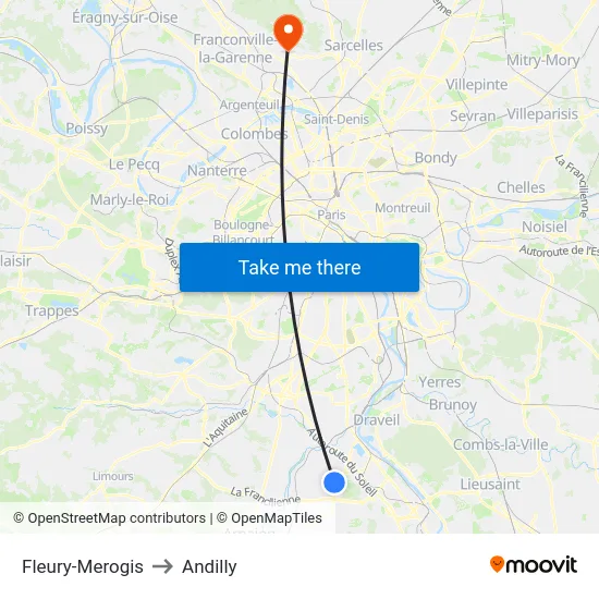Fleury-Merogis to Andilly map