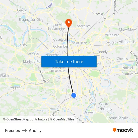 Fresnes to Andilly map