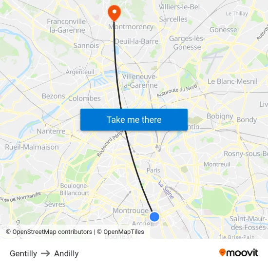 Gentilly to Andilly map
