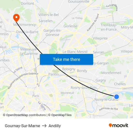 Gournay-Sur-Marne to Andilly map