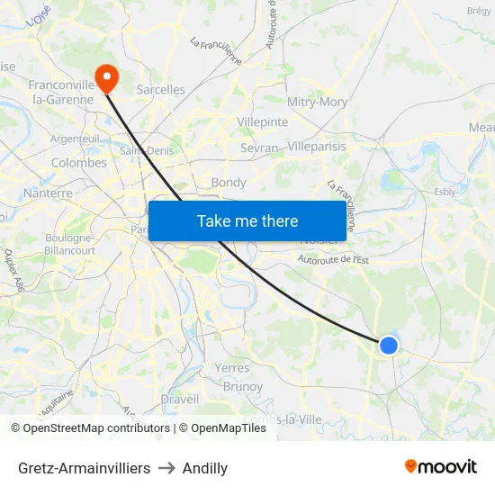 Gretz-Armainvilliers to Andilly map