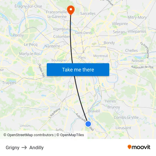 Grigny to Andilly map