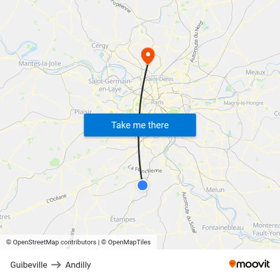 Guibeville to Andilly map