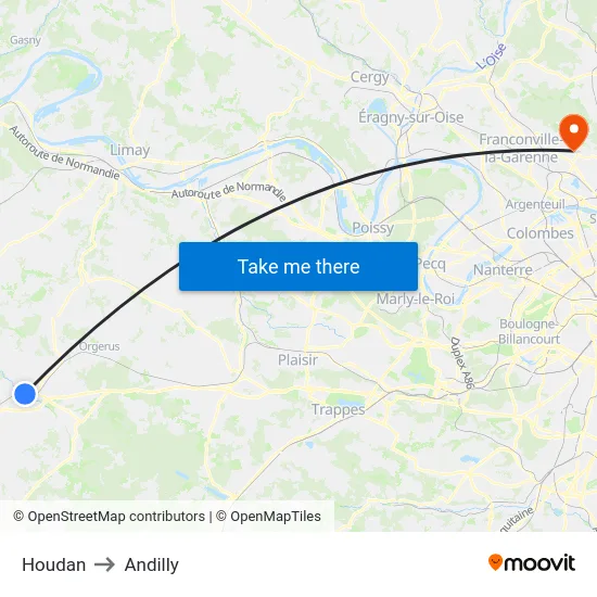 Houdan to Andilly map