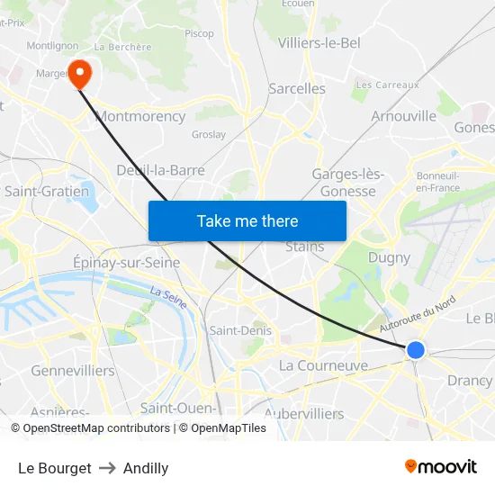 Le Bourget to Andilly map