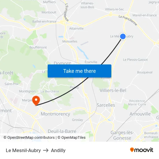 Le Mesnil-Aubry to Andilly map