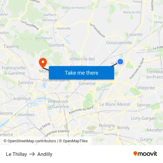 Le Thillay to Andilly map