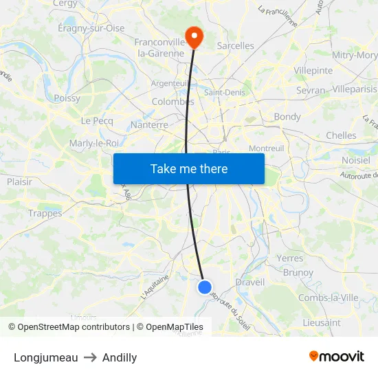 Longjumeau to Andilly map