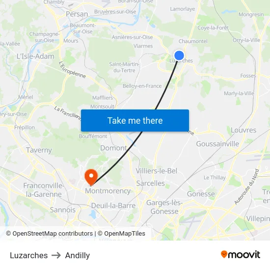 Luzarches to Andilly map