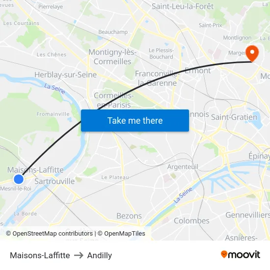 Maisons-Laffitte to Andilly map