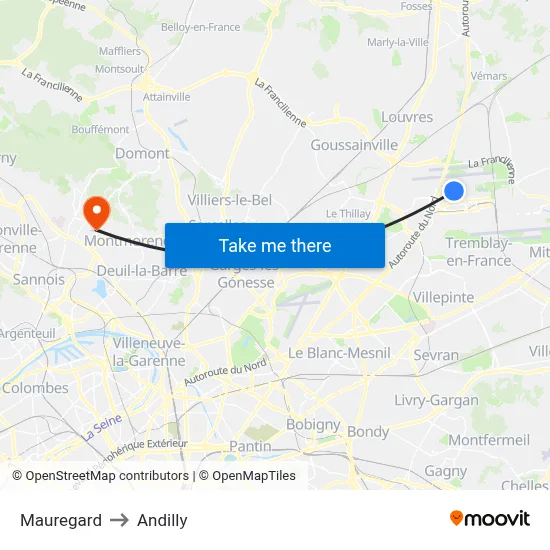 Mauregard to Andilly map