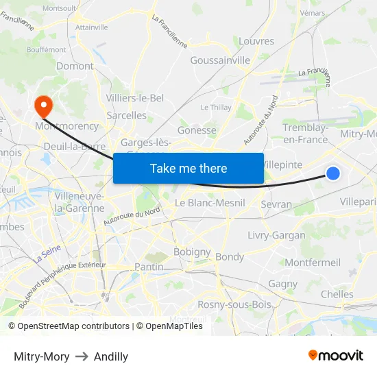 Mitry-Mory to Andilly map