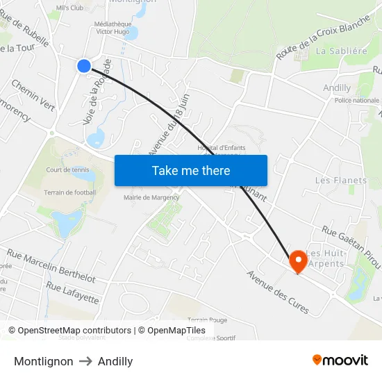 Montlignon to Andilly map