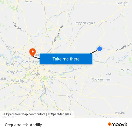 Ocquerre to Andilly map