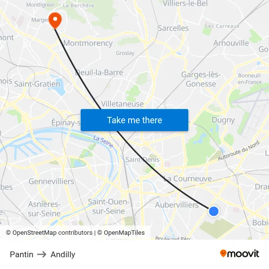 Pantin to Andilly map