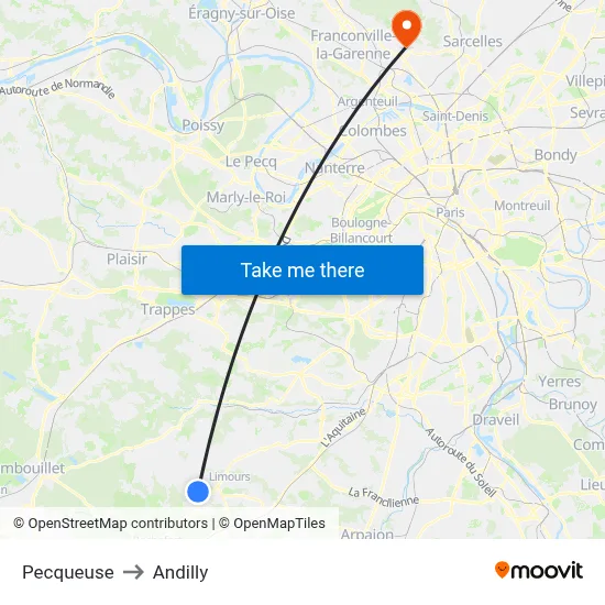 Pecqueuse to Andilly map