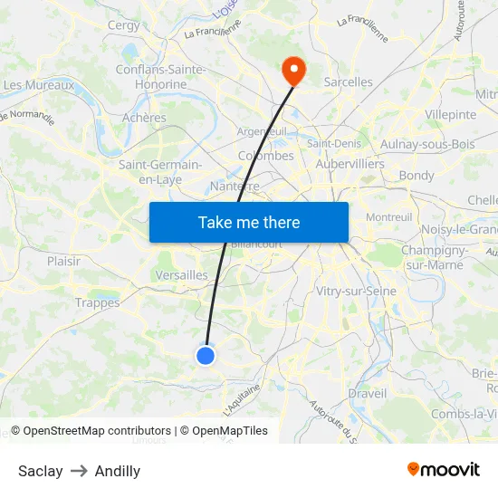Saclay to Andilly map