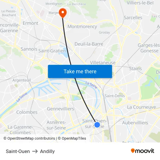 Saint-Ouen to Andilly map