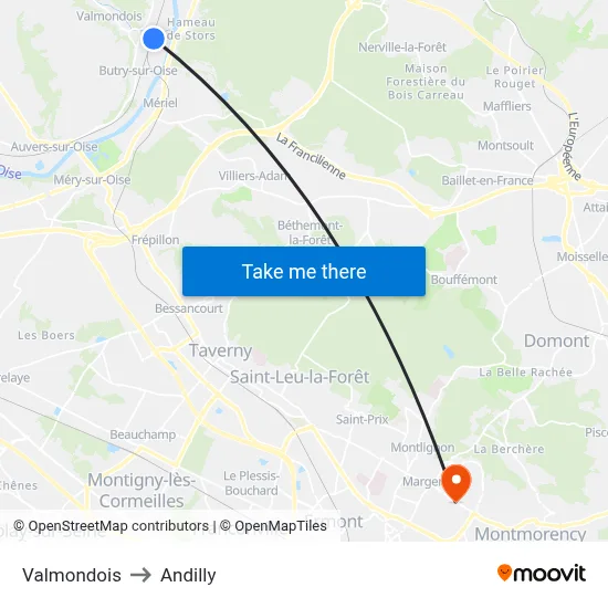 Valmondois to Andilly map