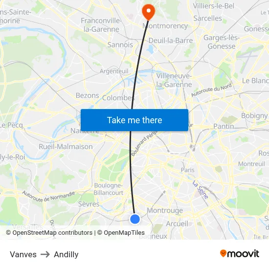 Vanves to Andilly map