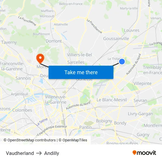 Vaudherland to Andilly map