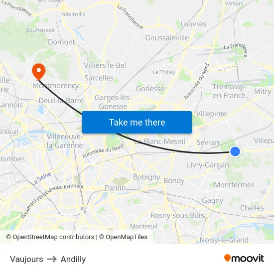 Vaujours to Andilly map