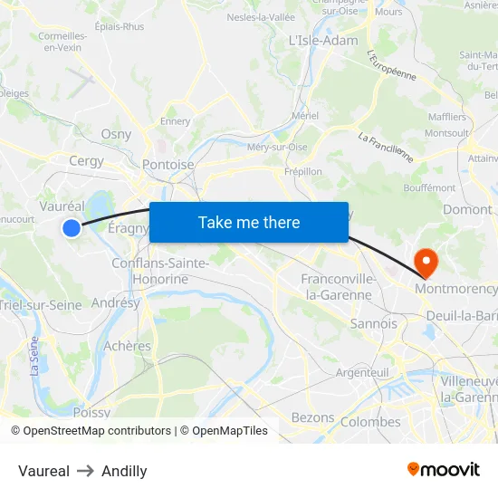 Vaureal to Andilly map