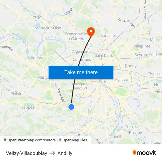 Velizy-Villacoublay to Andilly map