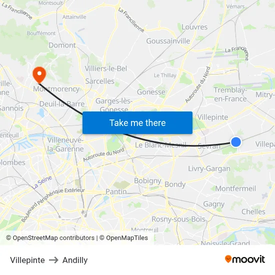 Villepinte to Andilly map