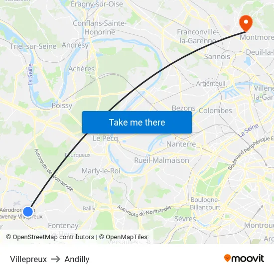 Villepreux to Andilly map