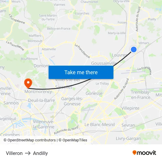 Villeron to Andilly map