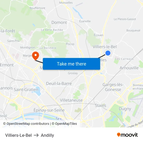 Villiers-Le-Bel to Andilly map