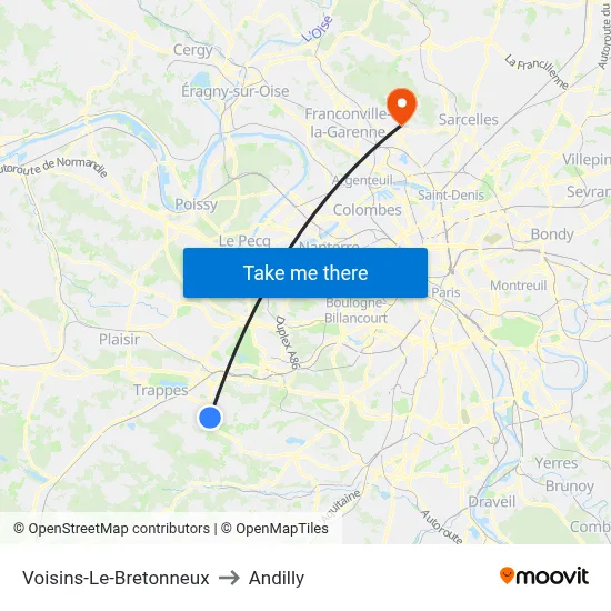 Voisins-Le-Bretonneux to Andilly map