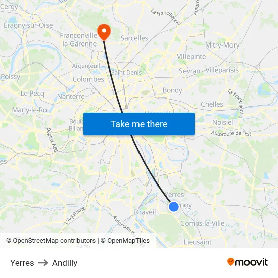 Yerres to Andilly map