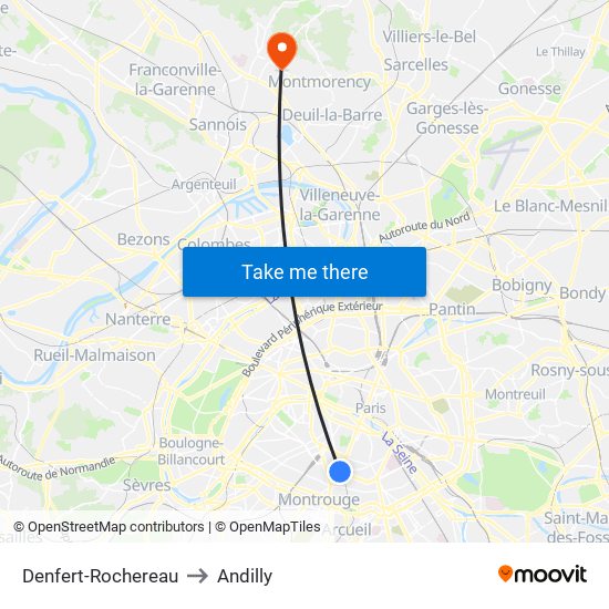 Denfert-Rochereau to Andilly map