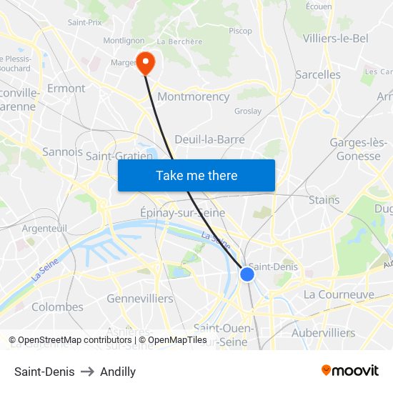 Saint-Denis to Andilly map