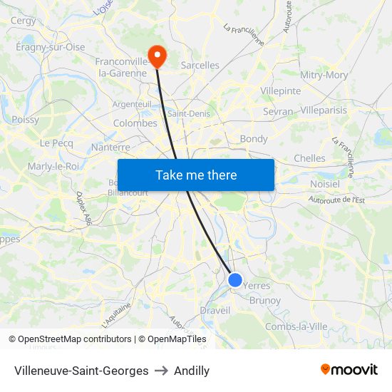Villeneuve-Saint-Georges to Andilly map
