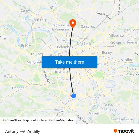 Antony to Andilly map